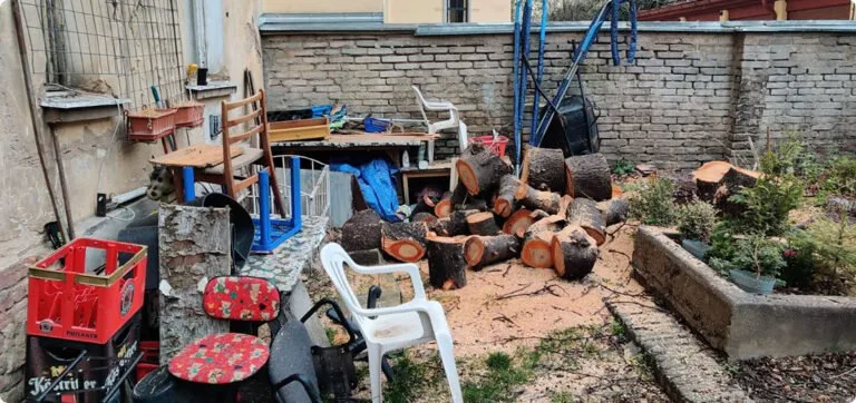 Vyklízení dvora s odpadky a dřevem